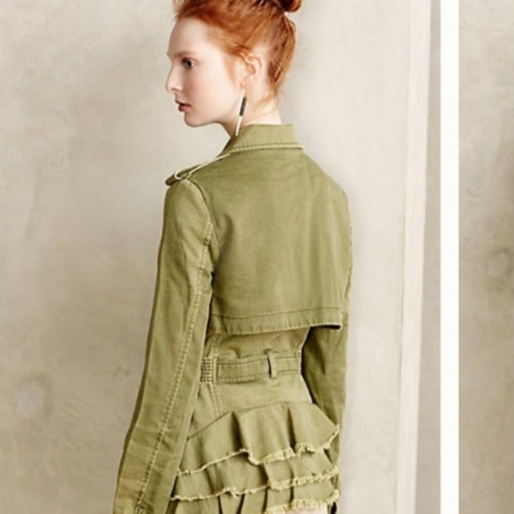 Anthropologie Hei Hei Military Green Ruffle Back Belted Jacket